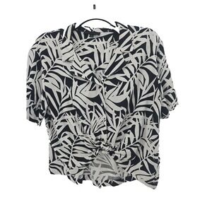 Jane Delancey Women's XL Black White Tropical Print Button-Tie-Front Top Blouse